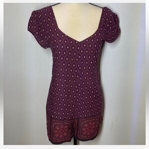 Staring at Stars | Plum Paisley Print Romper, V-Neck Lace-up Back.